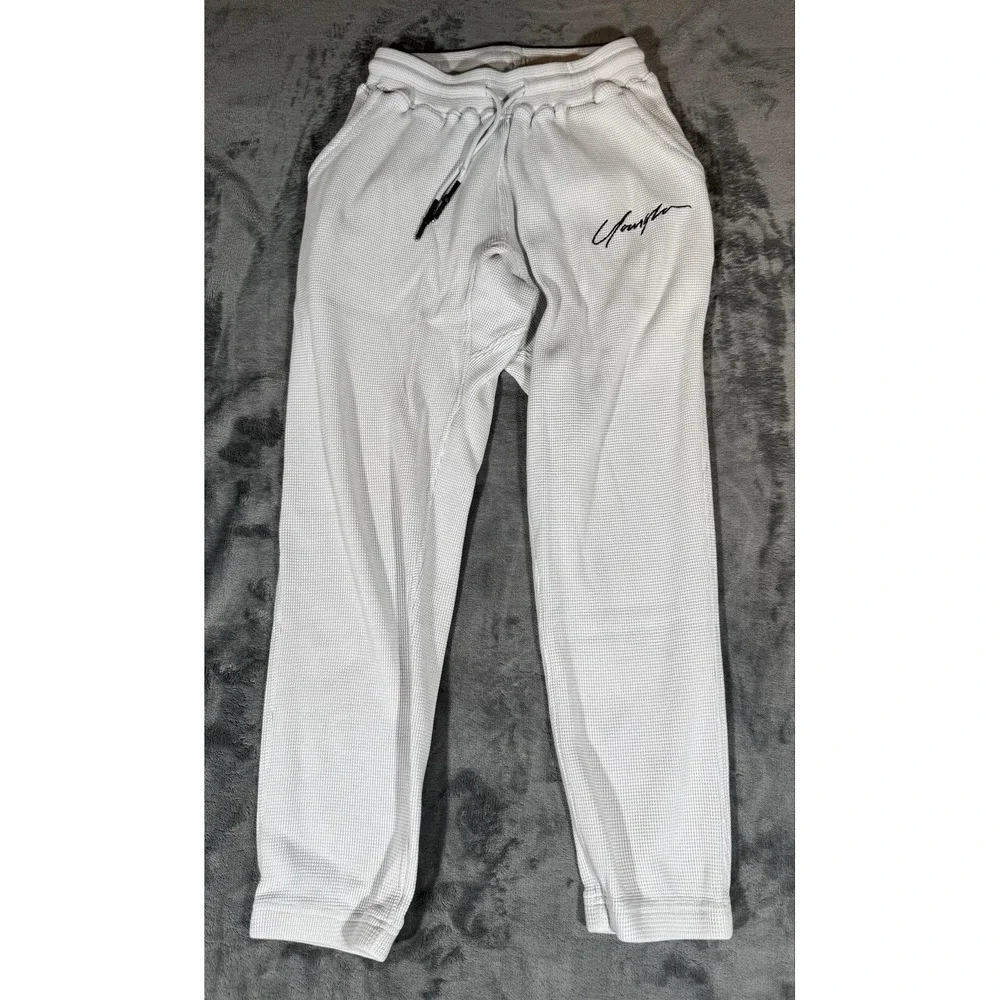YoungLA Pants Mens Medium Gray Thermal Waffle Knit Joggers Pockets Elastic Waist